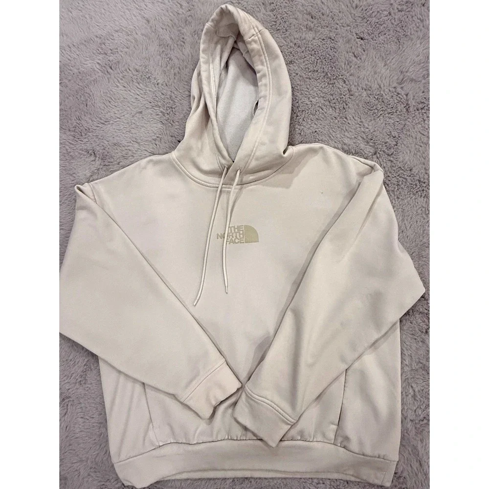 The North Face Men's White Pullover Fleece Hoodie Logo Pockets Drawstring Size M